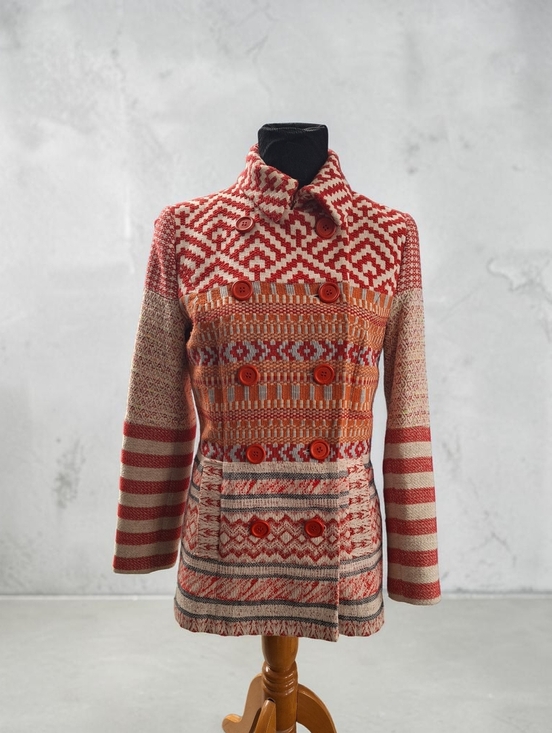 Desigual Jackets & Blazers - Desigual Boho Patchwork Knit Jacket Red Cream Double Breasted Coat Women